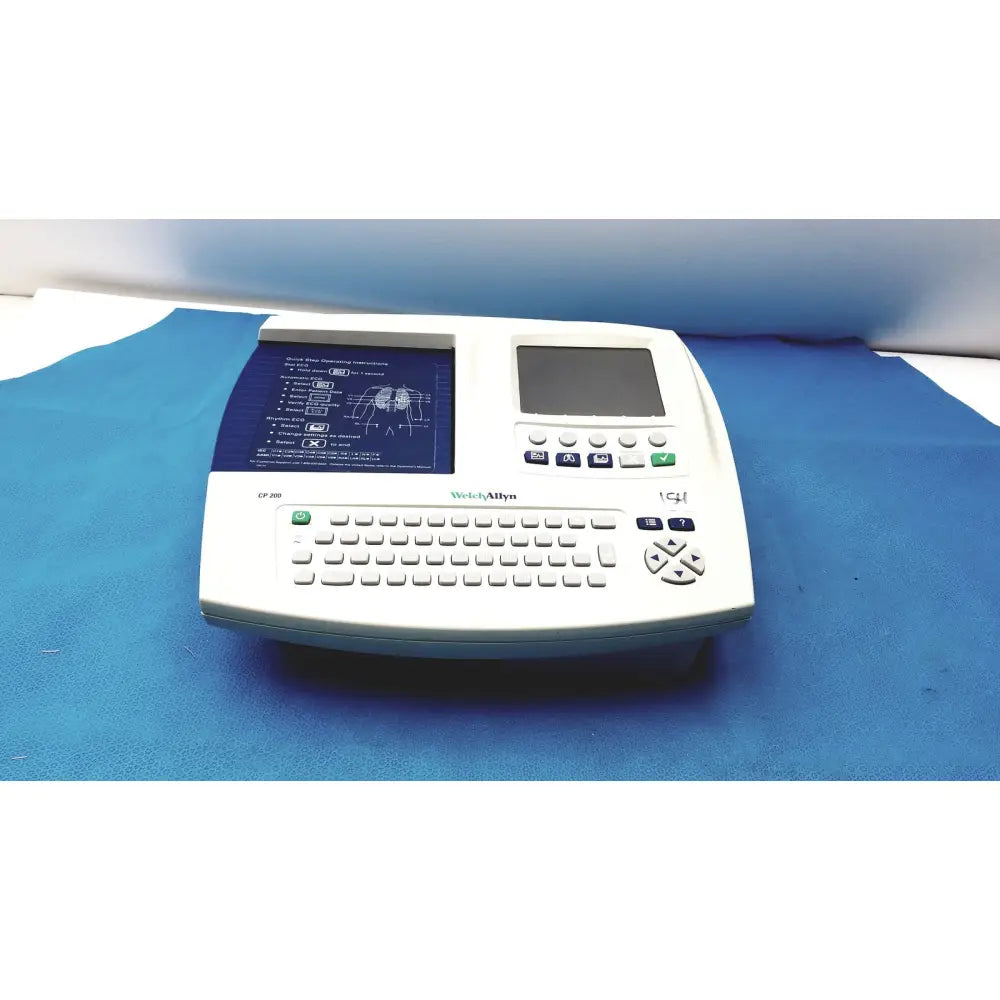White Welch Allyn CP 200 EKG ECG monitor with built-in screen keyboard and heart diagram display panel for ekg ecg use