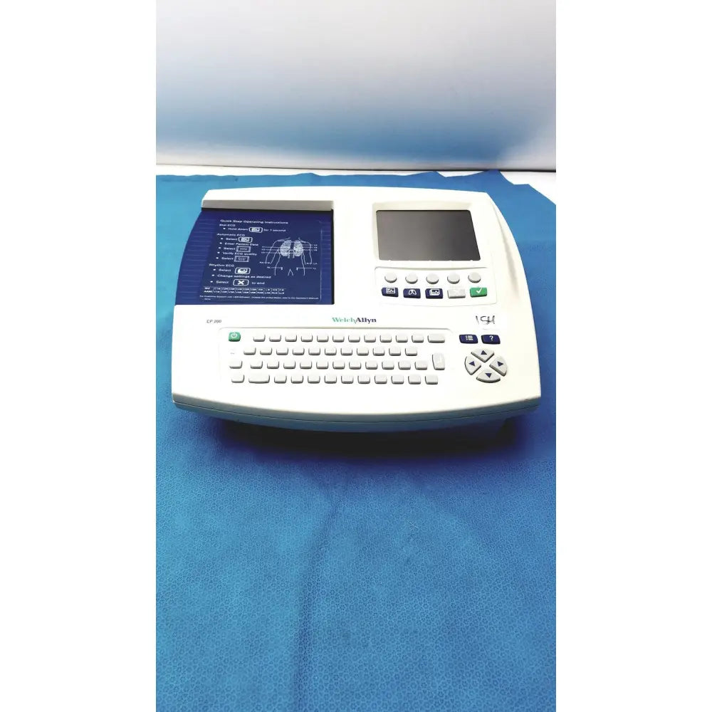 Welch allyn cp 200 ekg ecg monitor with white electrocardiogram machine and blue display screen with keyboard