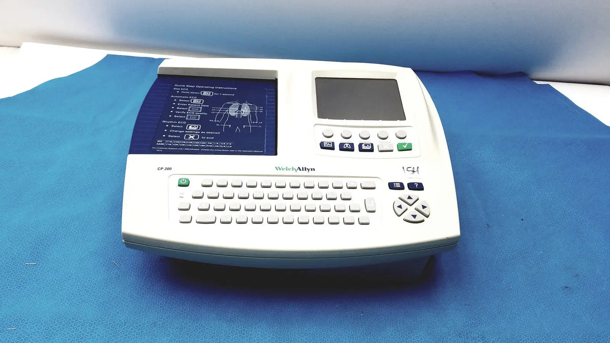 White Welch Allyn CP 200 EKG ECG monitor with built-in screen keyboard and heart diagram display panel for ekg ecg use