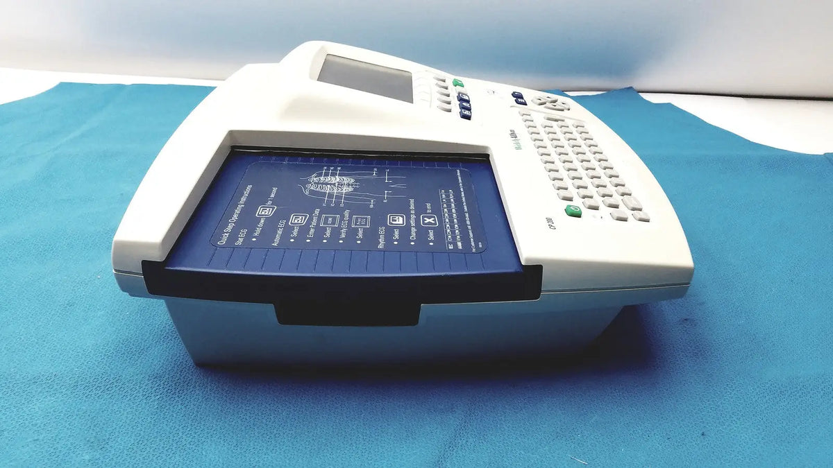 Welch allyn cp 200 ekg ecg monitor with white plastic casing blue display screen and keypad for cardiac monitoring