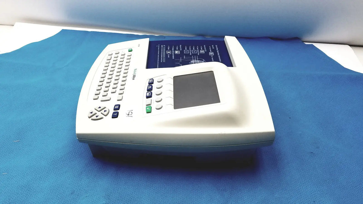 White welch allyn cp 200 ekg ecg monitor with built-in keyboard and blue touchscreen interface for patient diagnostics