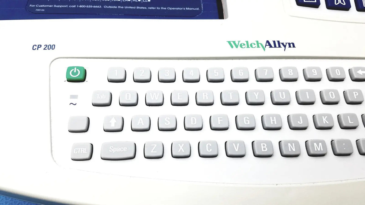 Welch Allyn CP 200 ekg ecg monitor label printer with gray keyboard and green power button for accurate readings