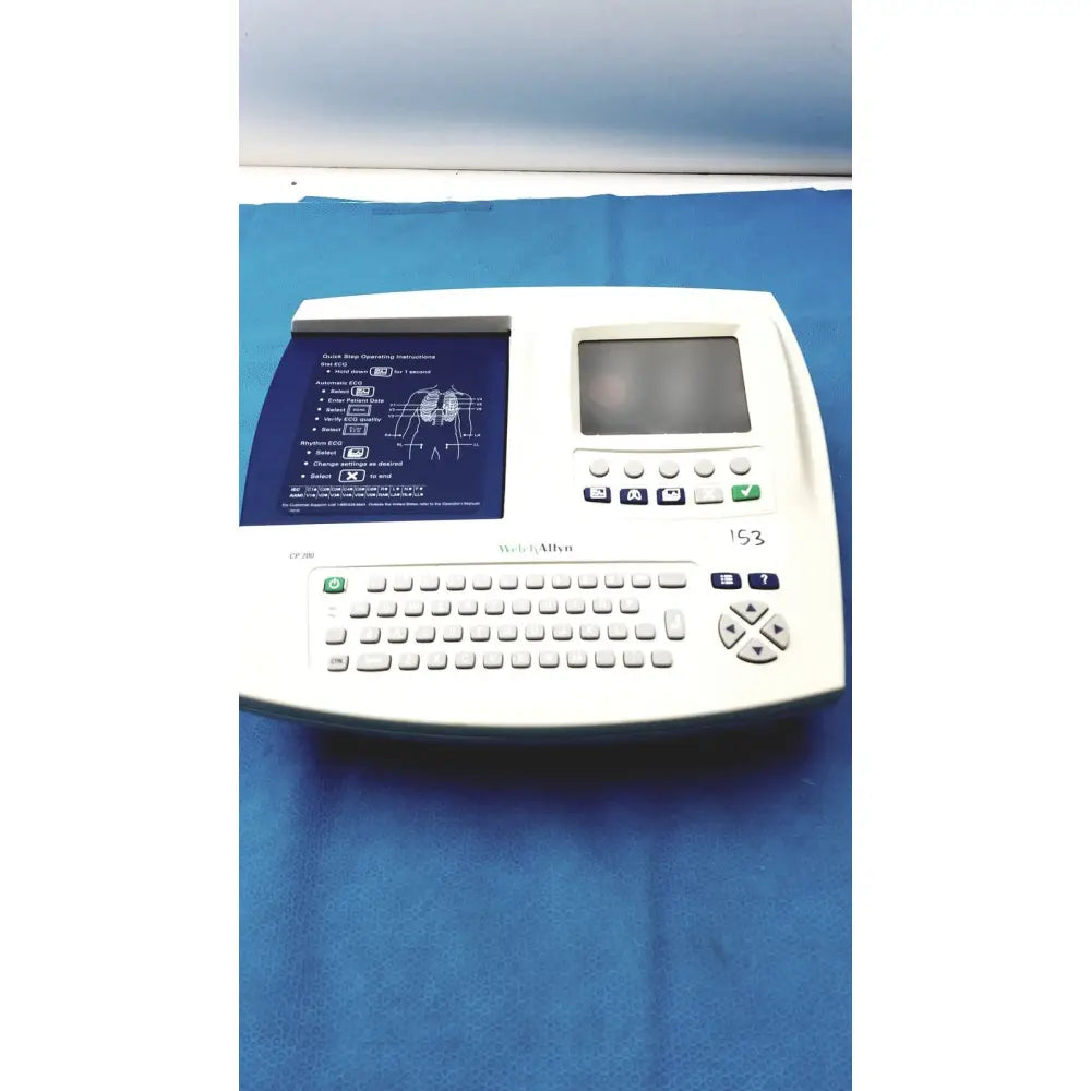 White welch allyn cp200 ekg monitor with small screen keypad and instructional display panel for cardiac use