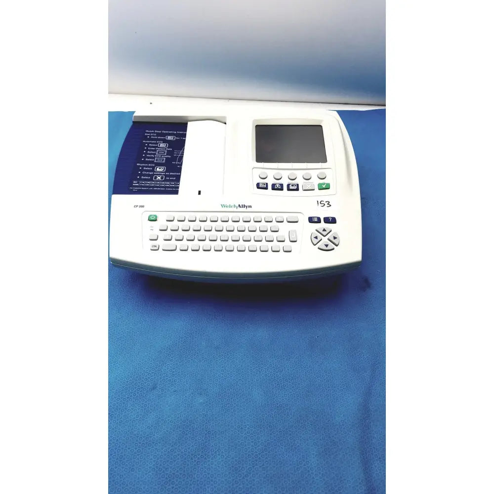 White Welch Allyn CP200 EKG cardiac monitor with small screen keypad and paper output slot for patient monitoring