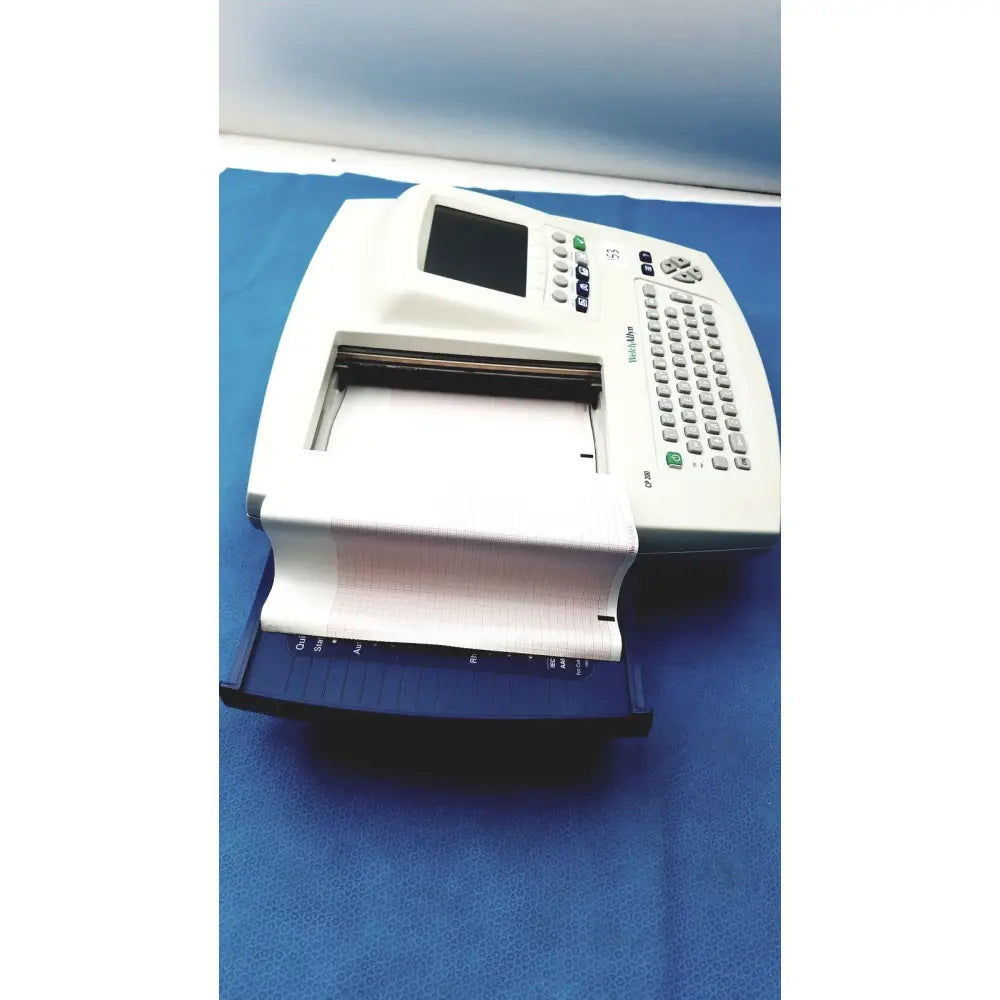 White and blue welch allyn cp200 ekg machine with digital display keypad and paper output tray for cardiac monitoring