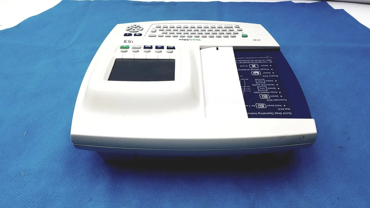 White welch allyn cp200 ekg monitor with keypad screen and paper output slot for cardiac diagnostics