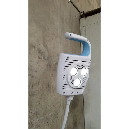 Welch allyn gs 600 exam light with rolling stand features a white and light blue handheld lamp with three circular led lights