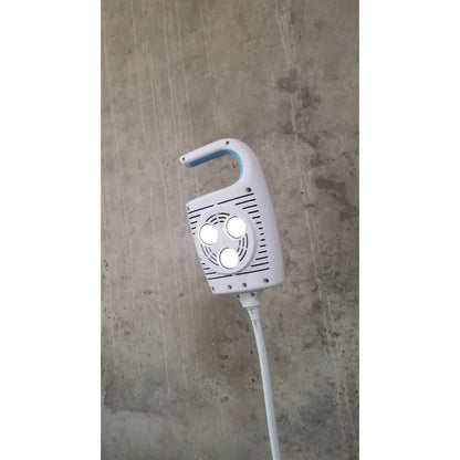 Welch allyn GS 600 exam light with rolling stand featuring white handheld light with three circular LED bulbs and blue handle