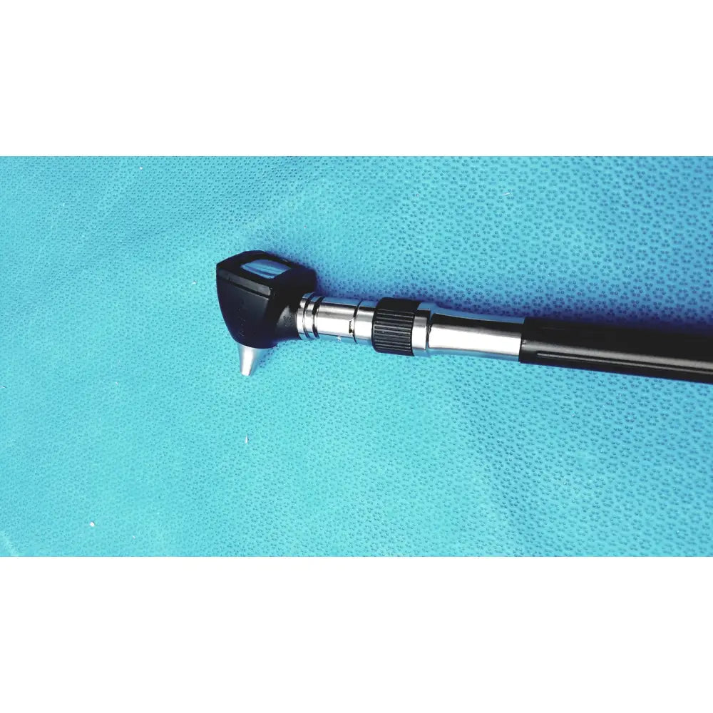Welch allyn wall transformer ophthalmoscope otoscope with black and silver textured grip and angled tip otoscope
