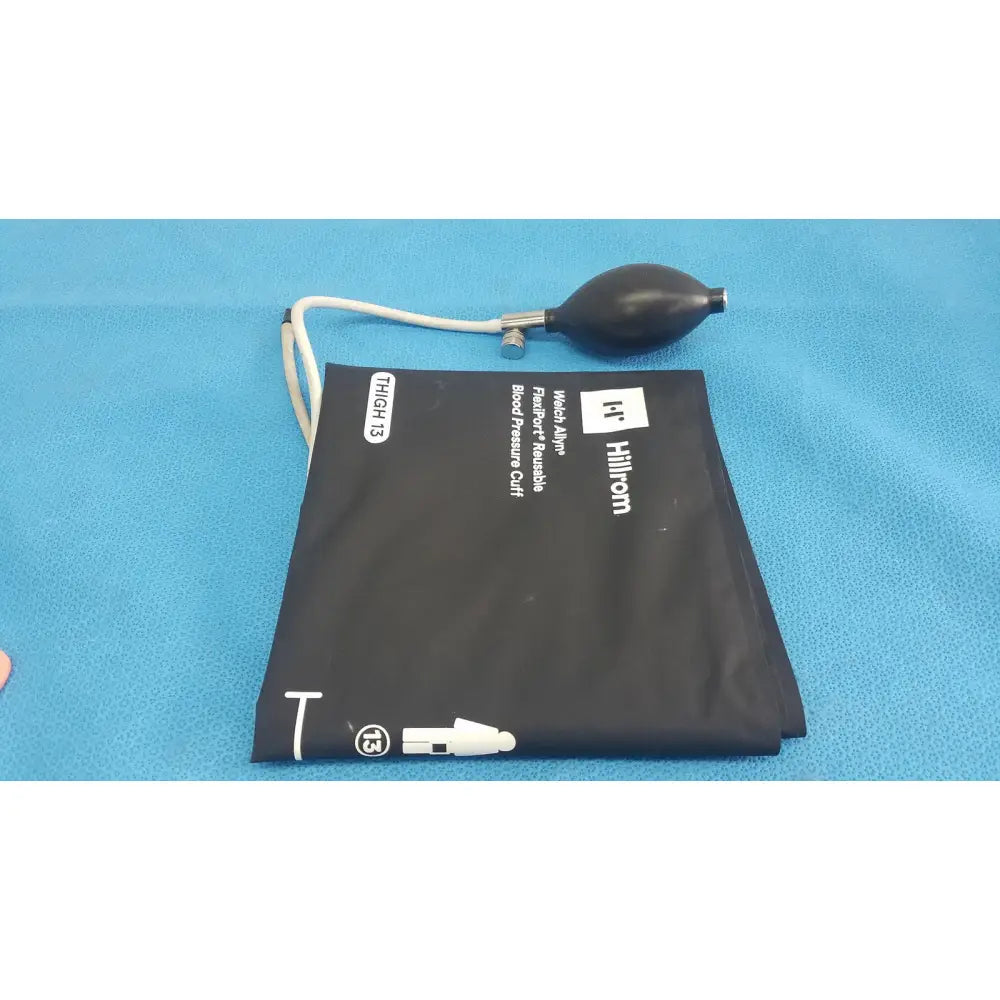 Black welch allyn hillrom blood pressure cuff thigh 13 with white tube and black inflation bulb attached