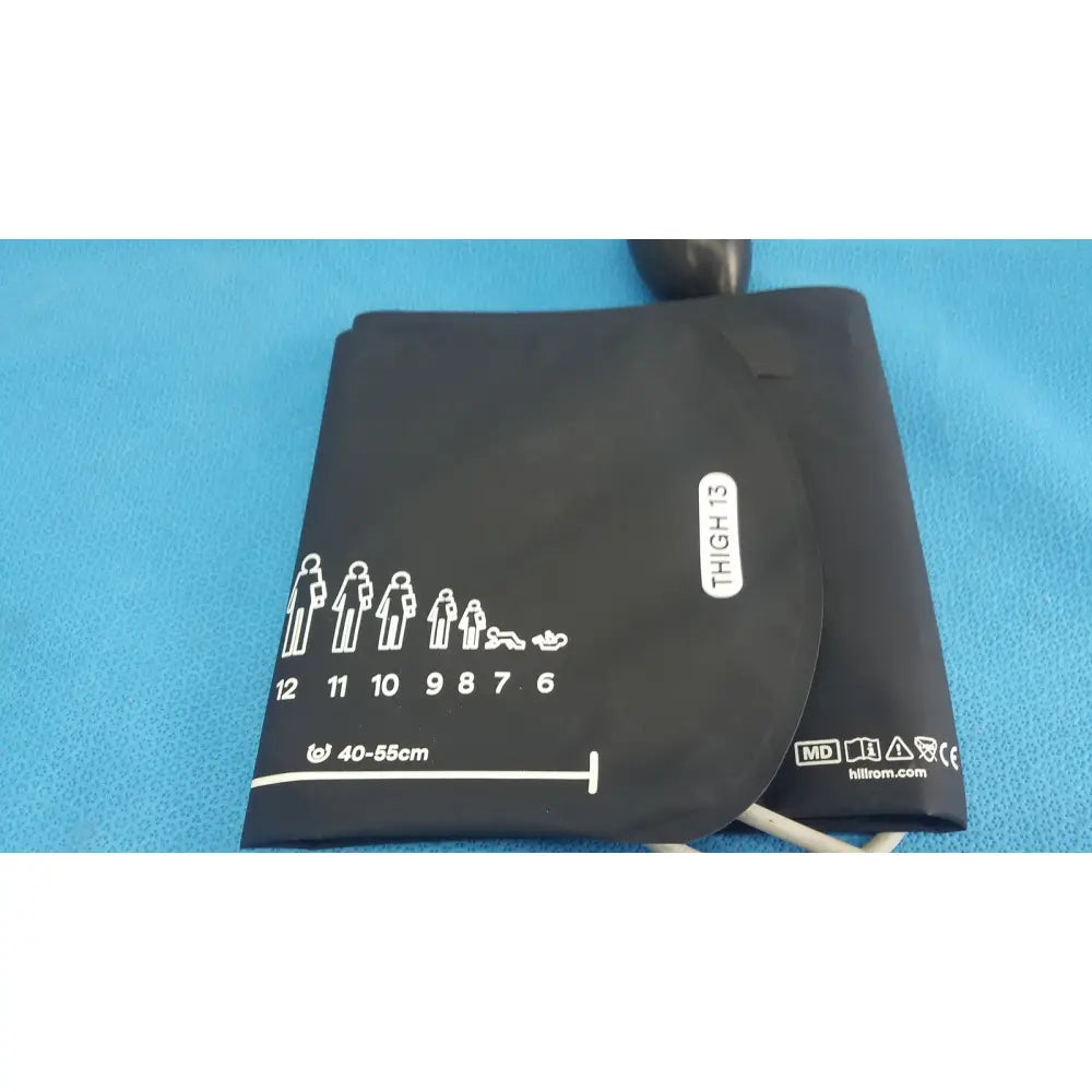 Black fabric welch allyn hillrom blood pressure cuff with white sizing chart and thigh 13 label for thigh use