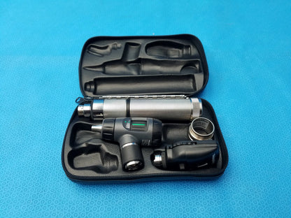 Black and silver welch allyn led macroview diagnostic otoscope set with led illumination in black carrying case