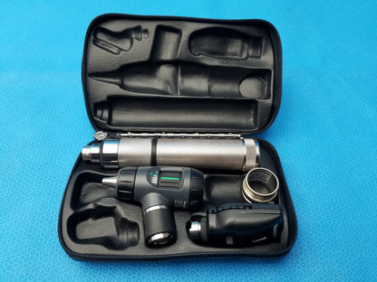 Welch allyn led macroview otoscope with led illumination silver and black handheld design in black leather case