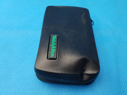 Black leatherette case with green wecyalynn logo plaque for Welch Allyn LED MacroView otoscope and ophthalmoscope set with LED illumination