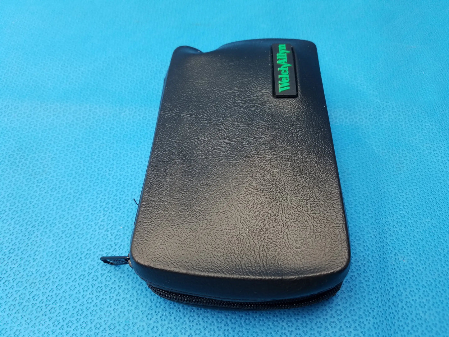 Black leather-like zippered case with green watchalbum branding for welch allyn led macroview diagnostic set with led illumination