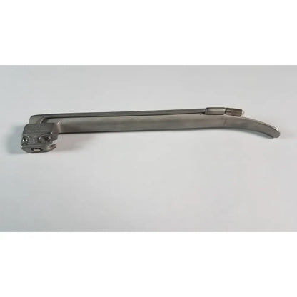 Silver surgical welch allyn miller 3 laryngoscope blade with curved metallic handle and articulated headpiece stainless steel