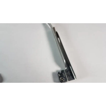Silver metal hinge with polished finish and engraved markings on the back side of welch allyn miller stainless steel laryngoscope blade size 3
