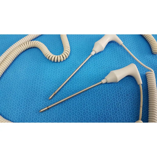 Two white-handled welch allyn probes with metallic shafts and coiled beige cords for rectal use lot of 2