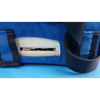 Blue fabric backpack with black straps and white plastic zipper pull for welch allyn propaq encore patient monitor