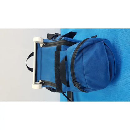 Blue fabric backpack with black zippers and straps and white plastic frame on side for welch allyn propaq encore monitor