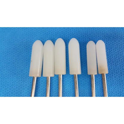 Set of five white ceramic grinding bits with metallic shafts for welch allyn rotary filling pumps medical use