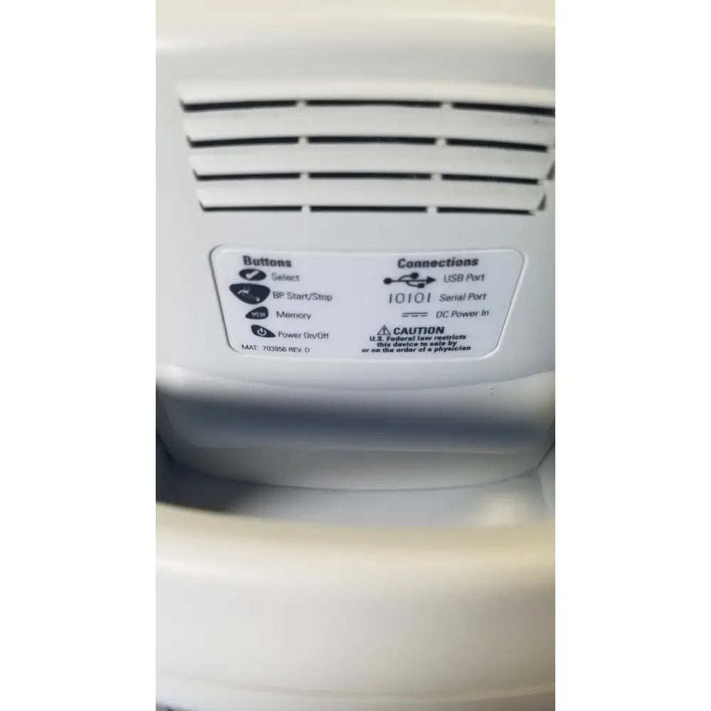 White plastic welch allyn spot vital signs lxi patient monitor back with labeled usb and serial ports and buttons