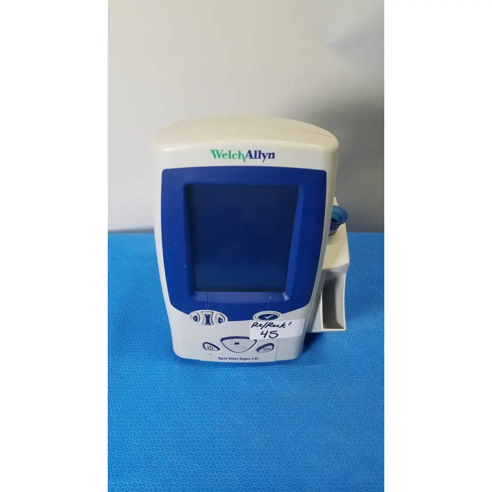 Welch allyn spot vital signs reflex 45 pulse oximeter with white and blue plastic casing and rectangular screen