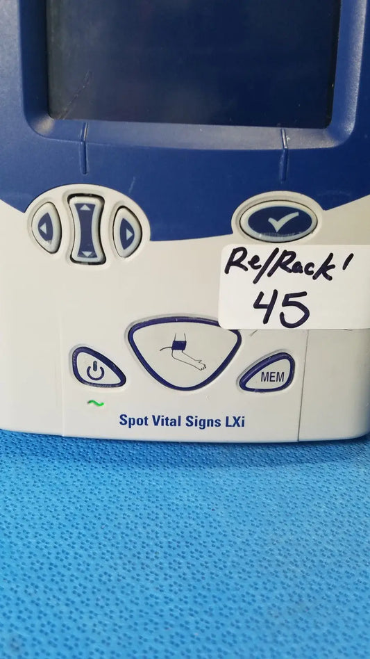 Blue and white welch allyn spot vital signs lxi medical monitor with digital screen directional buttons and memory key