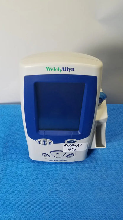 Welch allyn spot vital signs reflex 45 pulse oximeter with white and blue plastic casing and rectangular screen