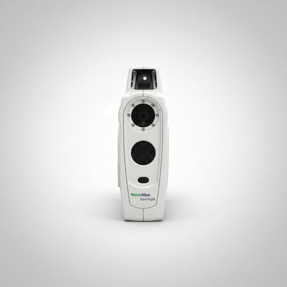 White plastic welch allyn suresight handheld vision screener with black circular lenses and textured grip for eye screening