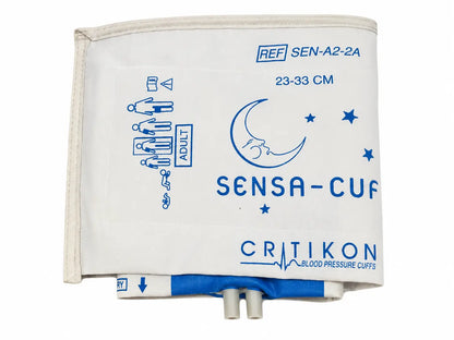 White and blue sensa-cuf blood pressure cuff with crescent moon and star pattern for adult use on welch allyn vital signs monitor