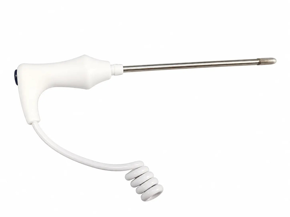 White plastic-handled electric surgical instrument with coiled cord and metallic shaft for welch allyn vital signs monitor 6000 series blood pressure