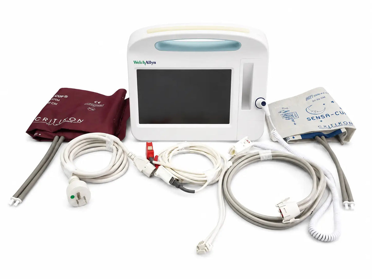 White Welch Allyn vital signs monitor 6000 series with touchscreen, integrated handle, cables, and blood pressure cuffs