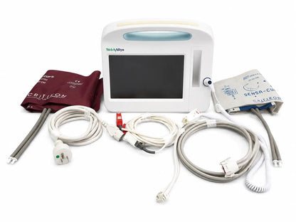 White Welch Allyn vital signs monitor 6000 series with touchscreen, integrated handle, cables, and blood pressure cuffs