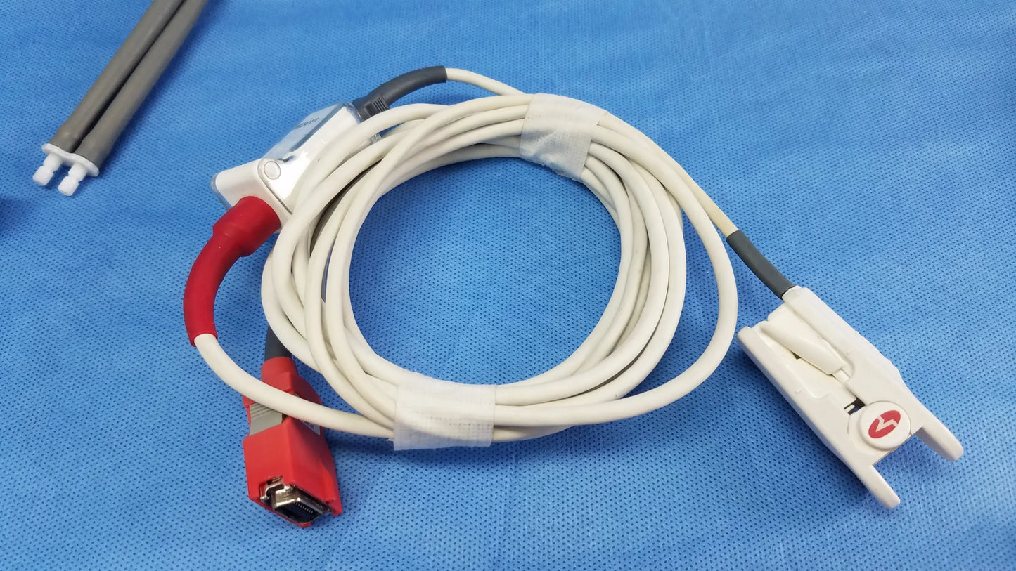 White coiled medical cable with red and gray connectors and clip-on electrode for welch allyn vital signs monitor 6000 series blood pressure use