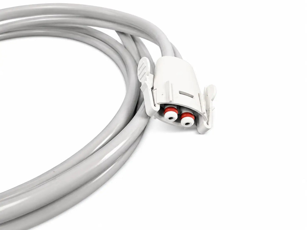 Gray coiled cable with white plastic connector featuring red and white threaded ports for welch allyn vital signs monitor blood pressure use