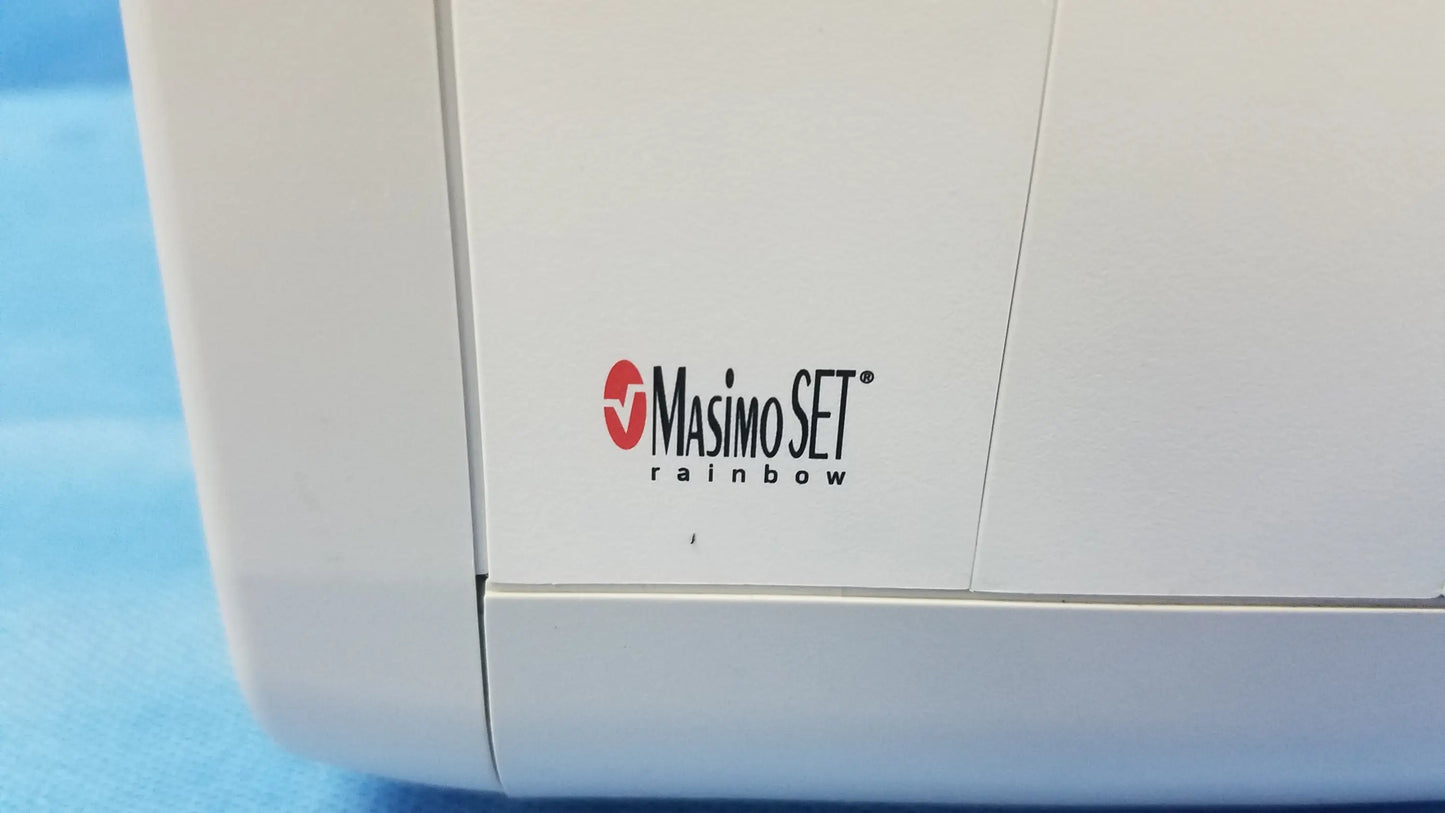 White masimo set rainbow medical vital signs monitor with blood pressure cuffs and red black logo on side for blood pressure