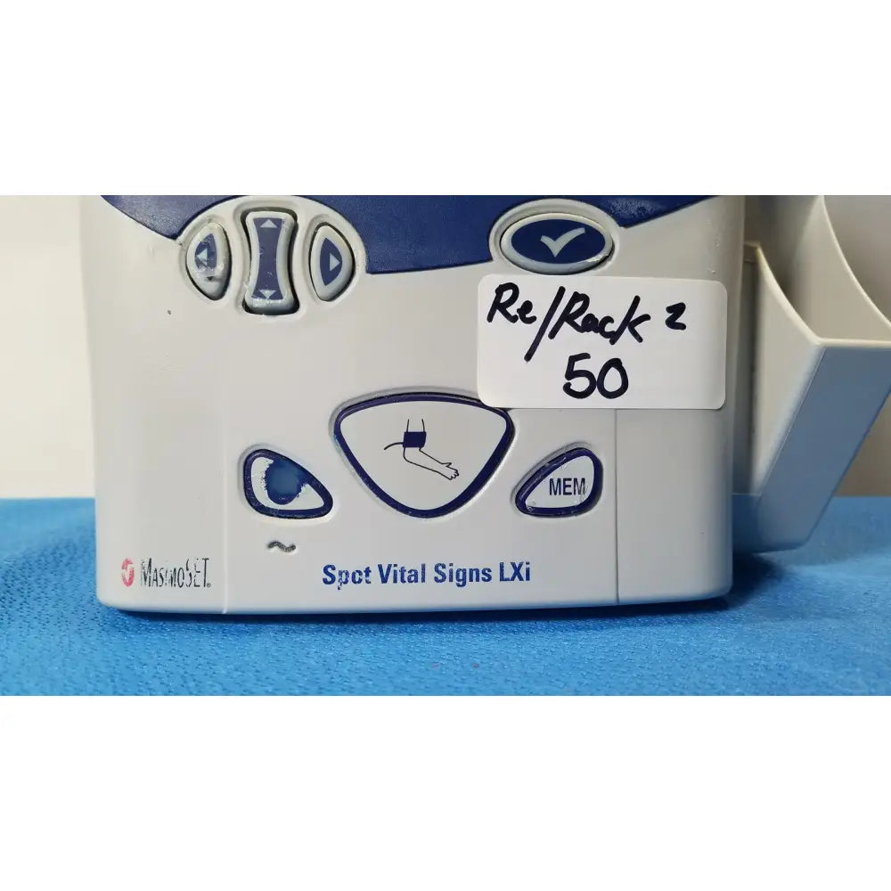 White and blue plastic medical device spot vital signs lxi by masimo in welch mismo set allyn spot vital signs patient monitor