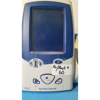 Blue and white spot vital signs lxi medical monitor with control buttons and sticker front for welch mismo set allyn spot use