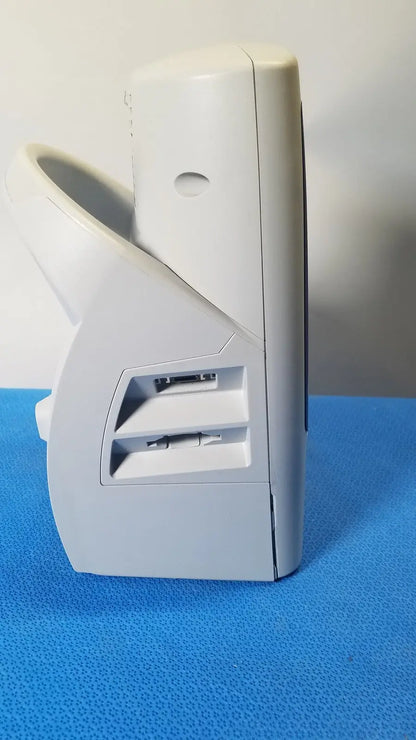 White plastic desktop fan with angular design and intake vents for cooling welch mismo set allyn spot monitor