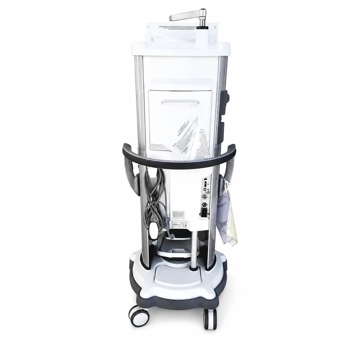 White and gray whitestar signature phacoemulsifier medical cart with transparent panel black handlebars and caster wheels