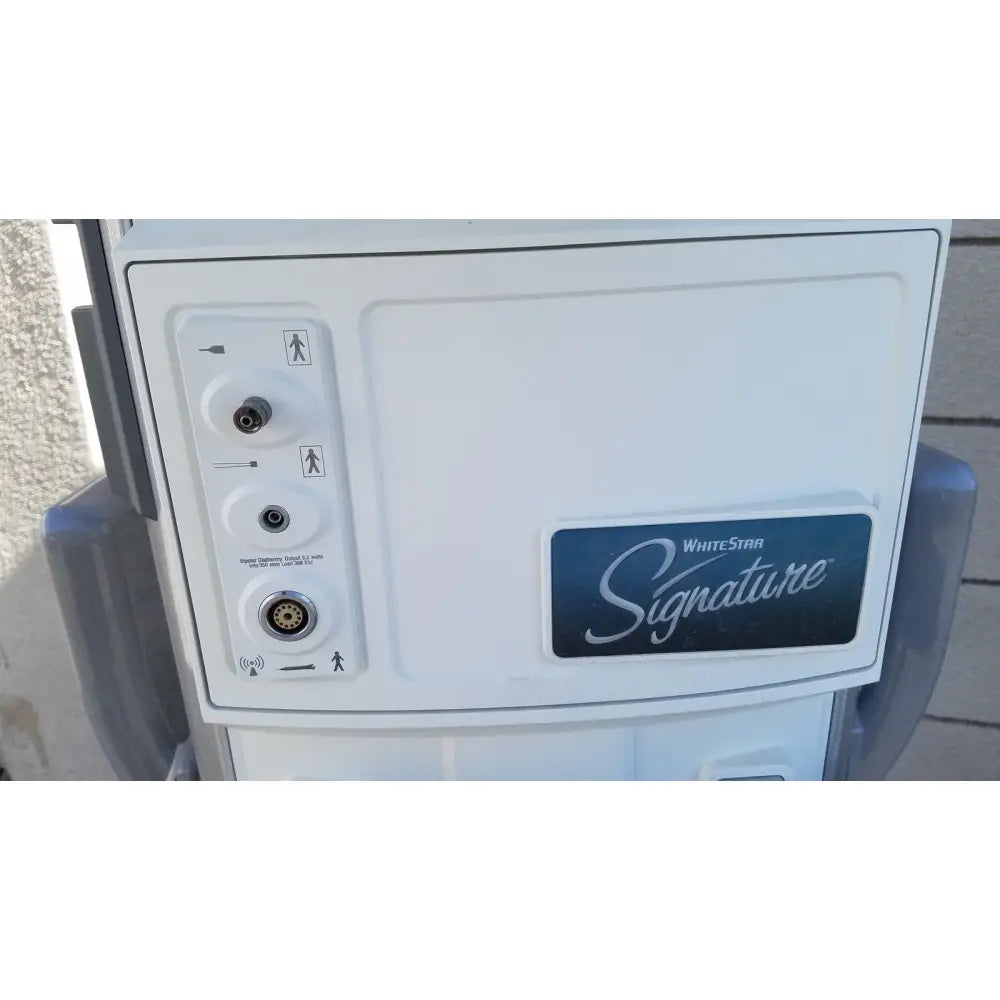 Whitestar signature phacoemulsifier outdoor white payment kiosk with three circular ports and pedestrian icons for reuse medical