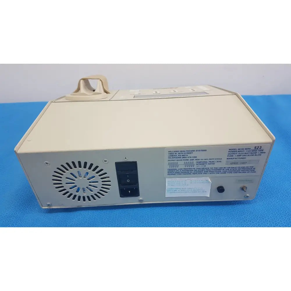 Beige williams 6100 ultrasound therapeutic device with handle model 523 by williams healthcare system for clinical use