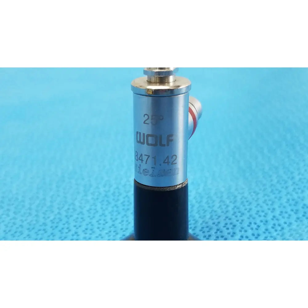 Silver and black cylindrical arthroscopy endoscope orthopedic sensor with engraved wolf 8471.42 and red stripe accent