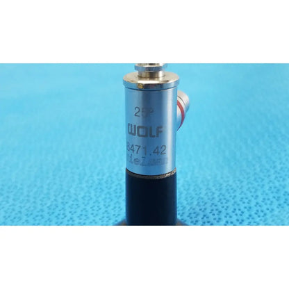 Silver and black cylindrical arthroscopy endoscope orthopedic sensor with engraved wolf 8471.42 and red stripe accent