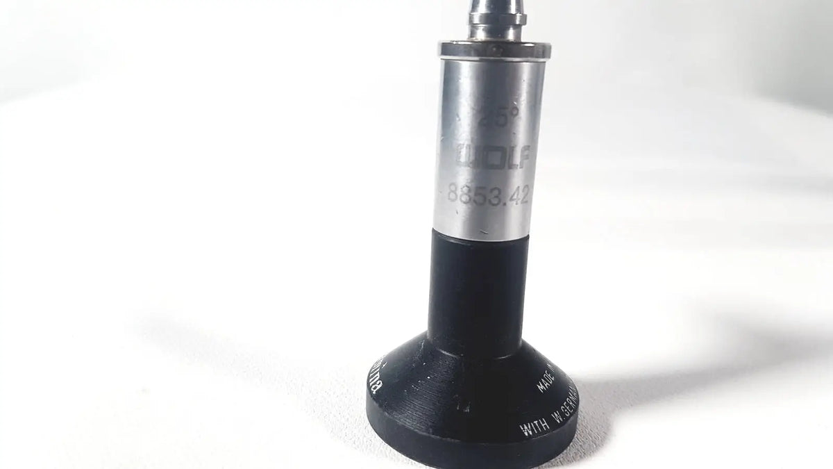 Black and silver Wolf 8853.42 25 degree rigid arthroscope with cylindrical body and engraved model number 853.42
