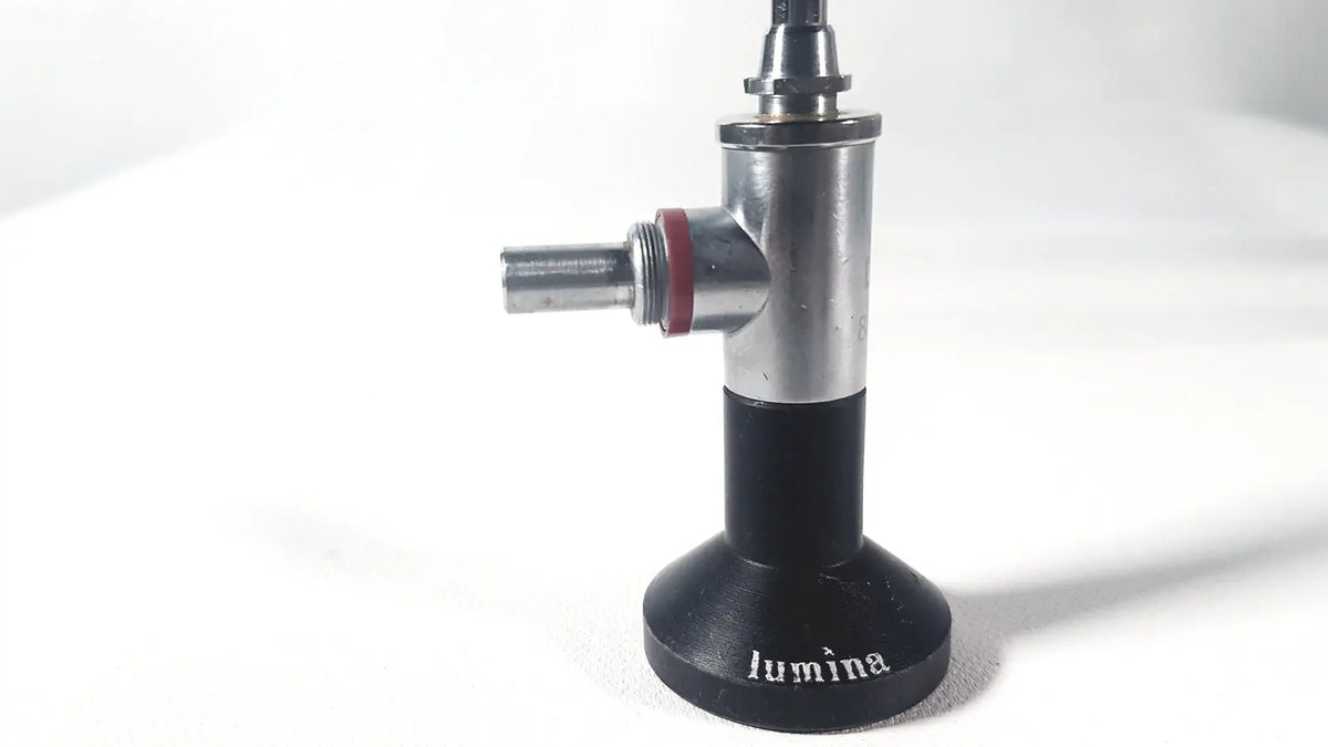 Black and silver Wolf 8853.42 25 degree rigid arthroscope with red ring accent and lumina branding at the base