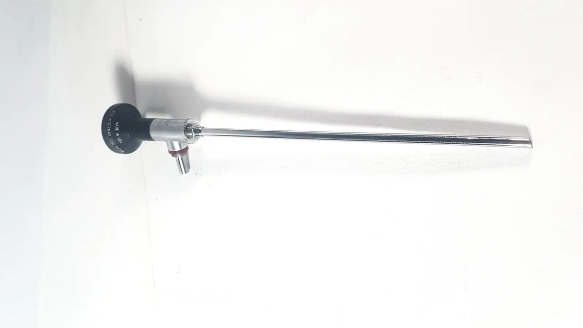 Silver wolf 8853.42 25 degree rigid arthroscope with black textured handle and metallic joints for surgical use