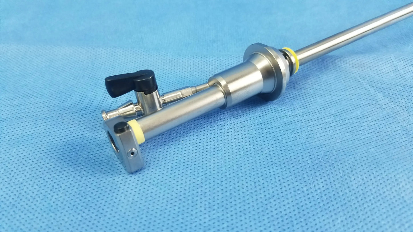 Stainless steel working insert hystero-resectoscope with black handle yellow seals in olympus sterilization tray for endoscopic use