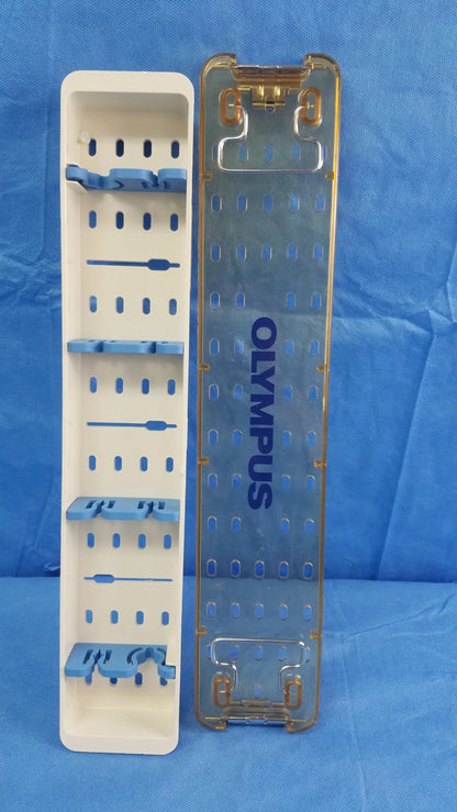 Transparent blue olympus sterilization tray with gold edges and slots for organizing endoscopic working insert tools